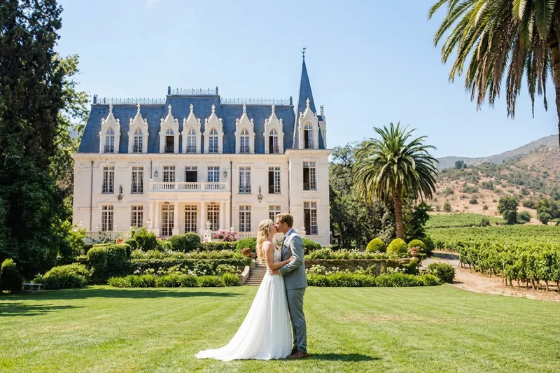 Pareja de novios besándose frente al palacio de Las Majadas de Pirque, uno de los centros de eventos top en Santiago