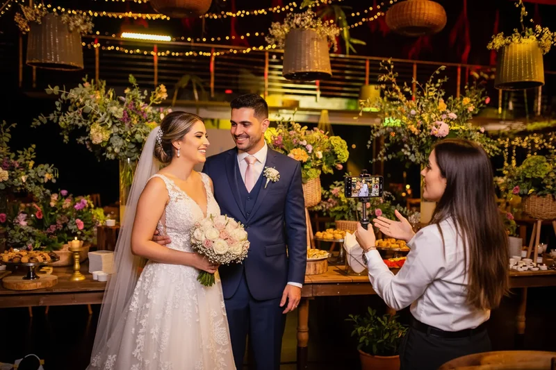 Creador de contenido de bodas grabando a novios en Chile de forma natural.
