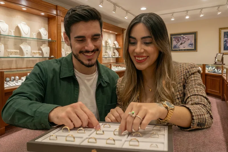 Pareja joven eligiendo anillos de matrimonio en una joyería de Chile, tendencia 2026
