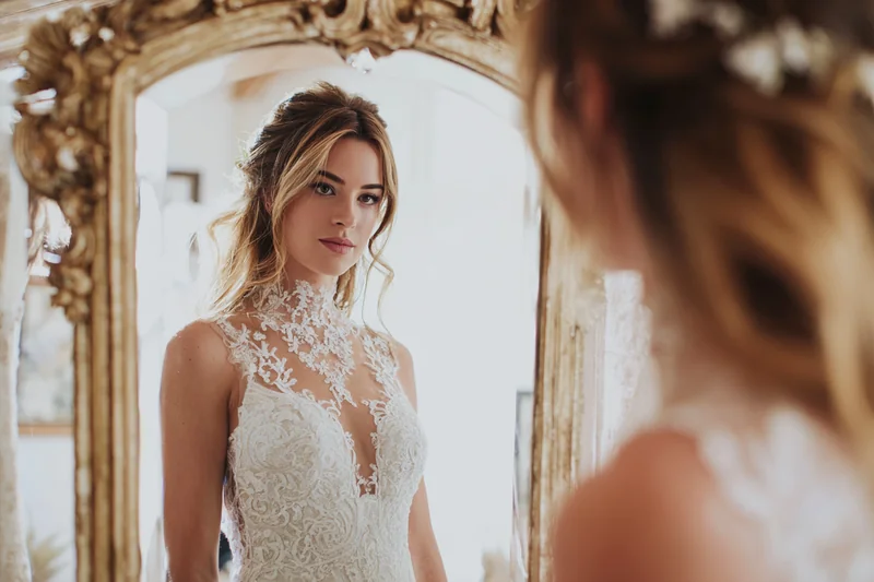 Novia probándose vestido de novia frente al espejo durante su búsqueda en 2026