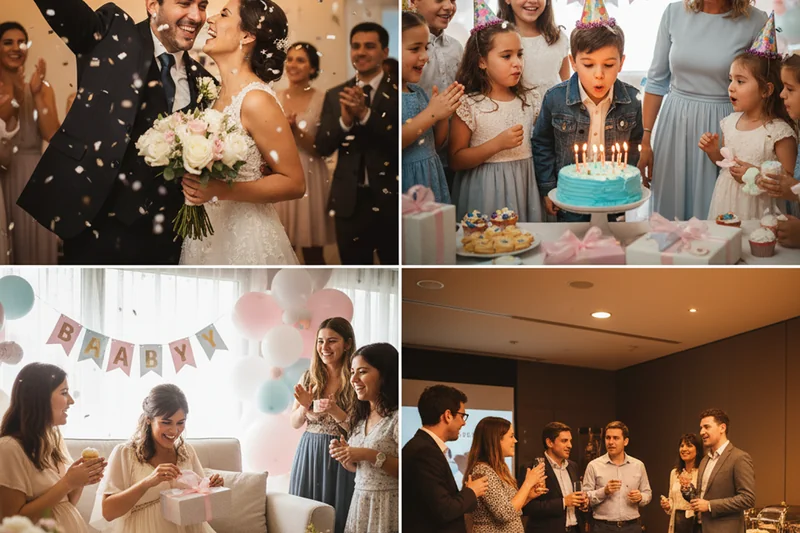Collage de distintos eventos en Chile: matrimonio, cumpleaños infantil, baby shower y evento corporativo, mostrando diferentes tipos de celebraciones organizadas.