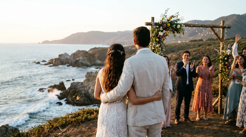 Pareja de novios abrazados frente al mar al atardecer, contemplando un paisaje costero romántico, ideal para matrimonio o sesión preboda.