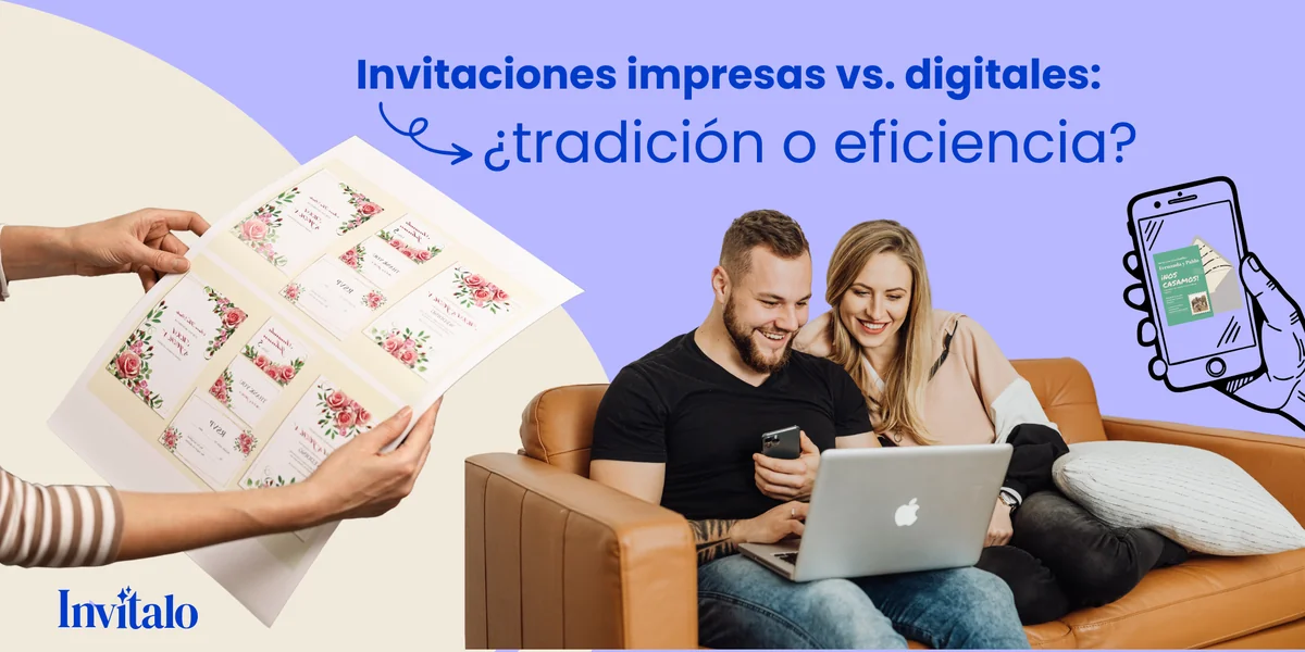 Imagen comparativa de invitaciones impresas y digitales. A la izquierda, manos sostienen invitaciones florales; a la derecha, una pareja revisa una invitación en laptop y móvil, destacando la tecnología.