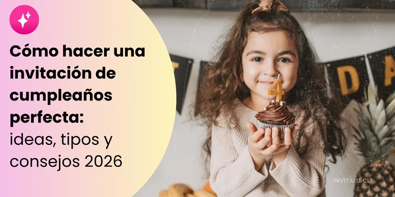  3:13 p.m. Niña sonriente sosteniendo un cupcake de chocolate con una vela número 4, celebrando su cumpleaños, junto al título del artículo de Invítalo sobre cómo hacer una invitación de cumpleaños perfecta 2026.
