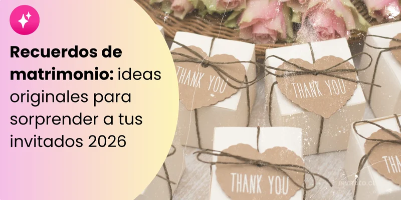 Cajitas de recuerdo de matrimonio envueltas con cordón rústico y etiquetas "Thank You" en forma de corazón, junto al título del artículo de Invítalo sobre ideas originales de recuerdos de matrimonio 2026.