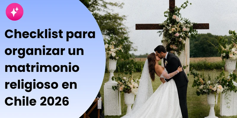Checklist para organizar un matrimonio en Chile 2026 con pareja besándose en una ceremonia al aire libre e ilustración de portada de Invítalo.