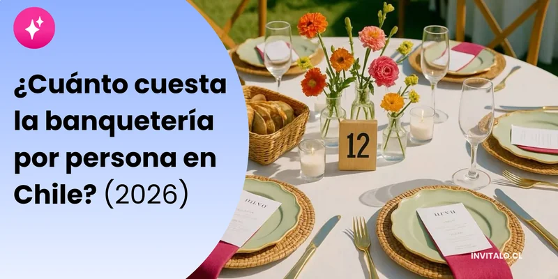 ¿Cuánto cuesta la banquetería por persona en Chile 2026? Mesa de matrimonio decorada con vajilla artesanal, centros de flores silvestres, copas y número de mesa 12, ilustrando la guía de precios de banquetería de Invítalo.