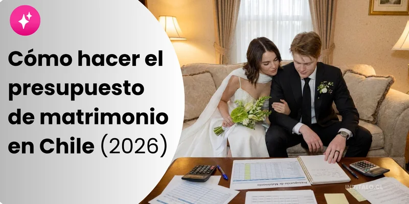 Cómo hacer el presupuesto de tu matrimonio en Chile 2026: novios revisando juntos su planilla de presupuesto, calculadoras y notas sobre una mesa, ilustrando la guía de Invítalo para repartir el presupuesto por categoría
