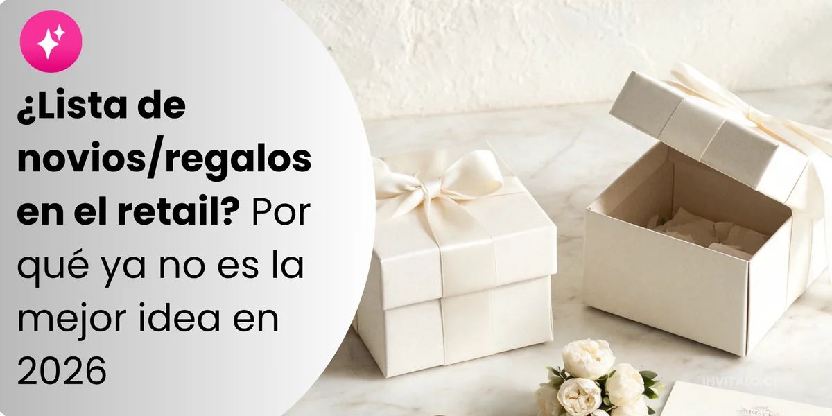 magen promocional de Invítalo.cl sobre alternativas modernas a las listas de regalos tradicionales para novios. Incluye cajas de regalo blancas, flores y el mensaje "¿Lista de novios/regalos en el retail? Por qué ya no es la mejor idea en 2026
