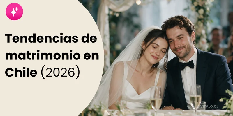 Portada sobre tendencias de matrimonio en Chile 2026 con una pareja de recién casados sonriendo durante la celebración y el título sobre un fondo color crema. Logo de Invítalo.cl.