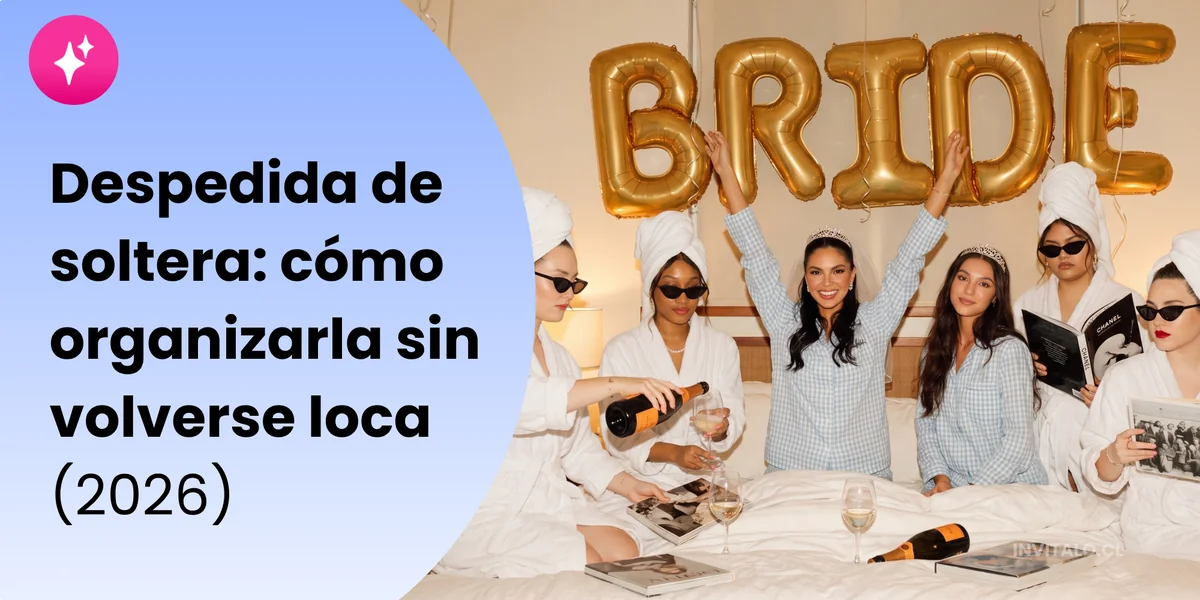 Despedida de soltera con globos dorados que dicen 'TEAM BRIDE', novia con velo y tiara junto a sus amigas en pijama brindando con champaña