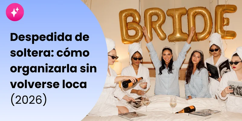 Despedida de soltera con globos dorados que dicen 'TEAM BRIDE', novia con velo y tiara junto a sus amigas en pijama brindando con champaña