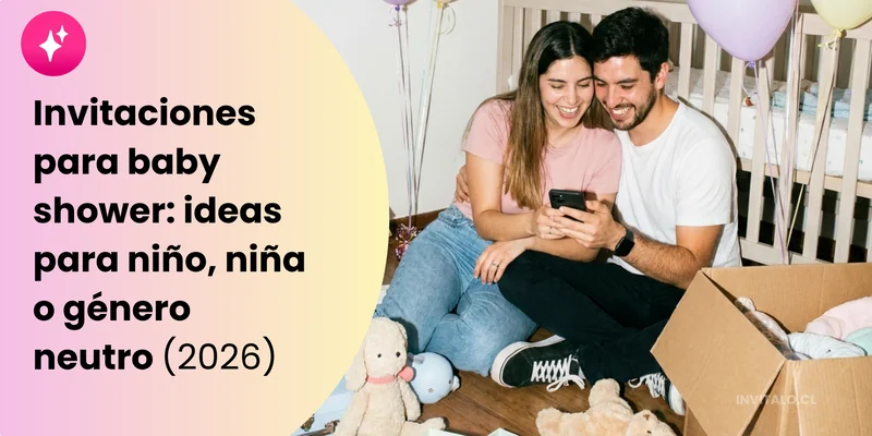 Pareja sonriente sentada en el suelo revisando su invitación digital de baby shower en el celular, rodeada de globos pastel, peluches y una caja con ropa de bebé, con el título 'Invitaciones para baby shower: ideas para niño, niña o género neutro (2026)