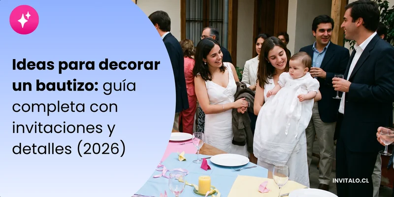 Familia e invitados celebran un bautizo junto a una mesa decorada en tonos celeste, rosado y amarillo. La imagen presenta una guía de decoración, invitaciones y detalles para bautizos 2026.