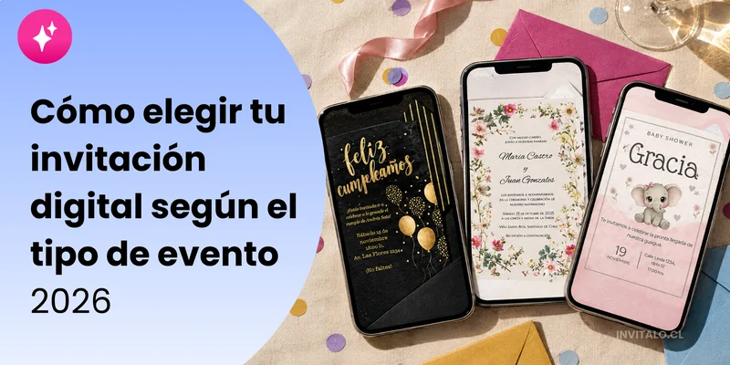 Tres celulares con invitaciones digitales de Invítalo para cumpleaños, matrimonio y baby shower, junto al texto “Cómo elegir tu invitación digital según el tipo de evento 2026"