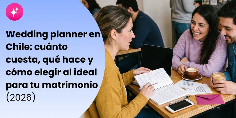 Wedding planner en Chile 2026: una wedding planner revisa su cuaderno de planificación con una pareja de novios en un café, con tazas de café, un celular y un sobre magenta sobre la mesa, ilustrando la guía de Invítalo para elegir wedding planner.