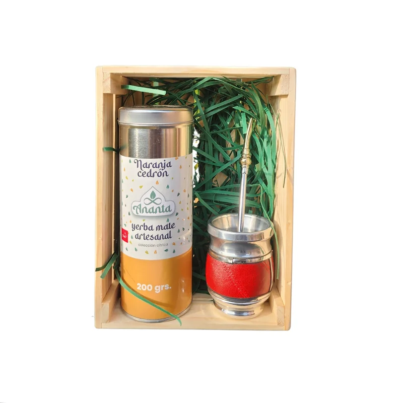 Yerba mate, bombilla y mate más caja madera